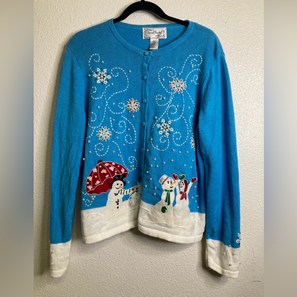 Sarah Bentley Cardigan Large Blue White Christmas Embroidered Applique Snowman